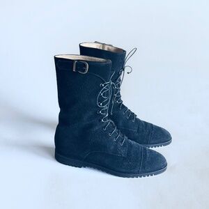Salvatore Ferragamo Black Suede Genuine Leather Lace Up Mid Calf Boots size 7